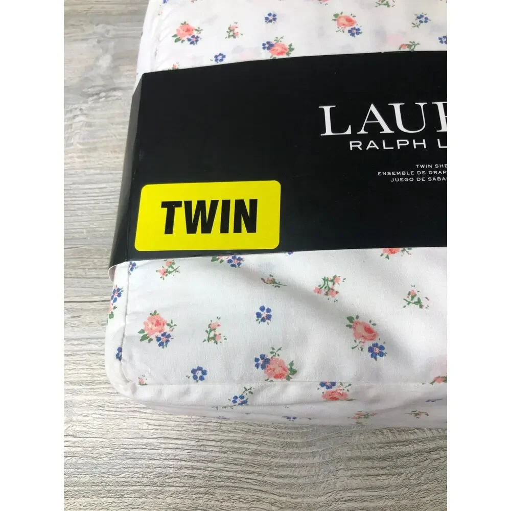 Ralph Lauren Twin Sheet Set 3pc Floral Pink & Blue Flowers White Cotton New